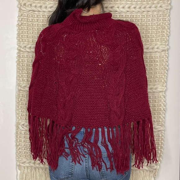 Turtle Neck Knitted Poncho Featuring Fringe - Picture 2 of 6